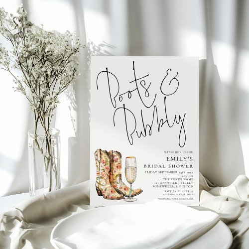 Modern Script Boots Bubbly Bridal Shower Invitation