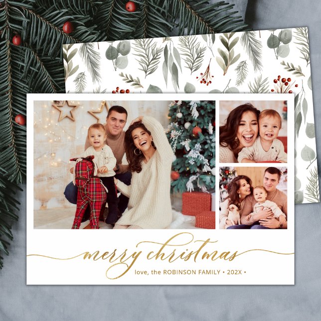 Modern Script Botanical 3 Photo Collage Christmas  Holiday Card (Creator Uploaded)