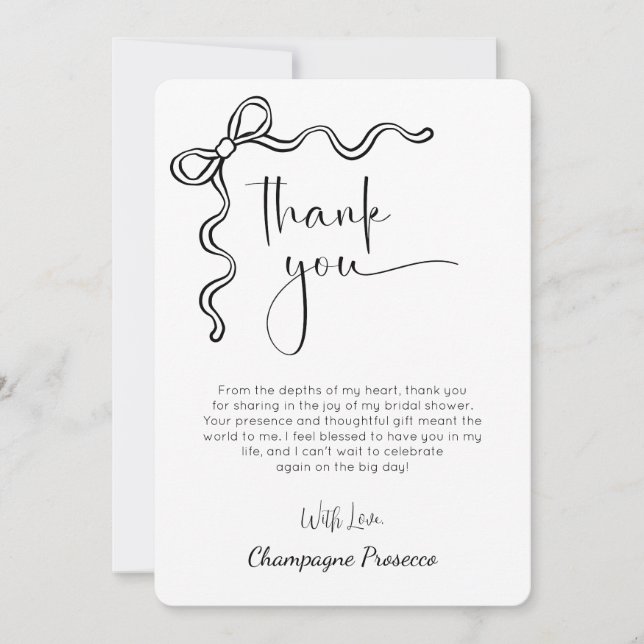 Modern Script Bow Bridal Shower Thank You Card (Front)