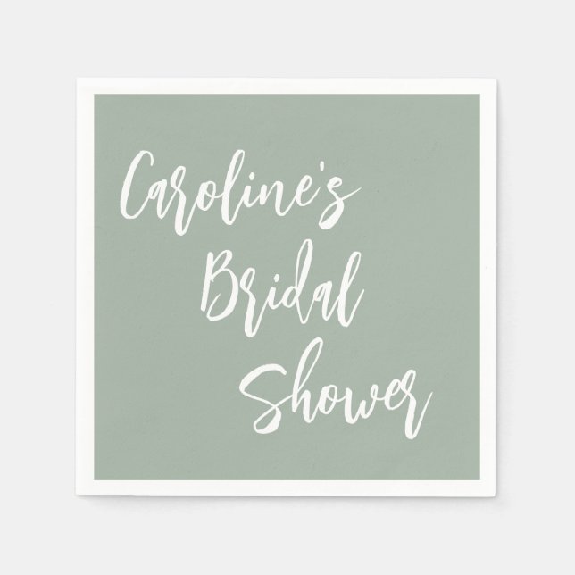Modern Script Bridal Shower Custom Dusty Sage Napkins (Front)