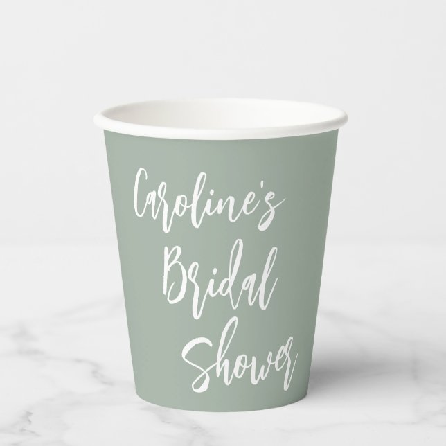 Modern Script Bridal Shower Custom Dusty Sage Paper Cups (Front)