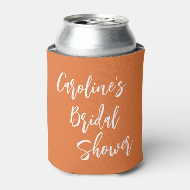 Modern Script Bridal Shower Custom Orange Can Cooler (Can Front)