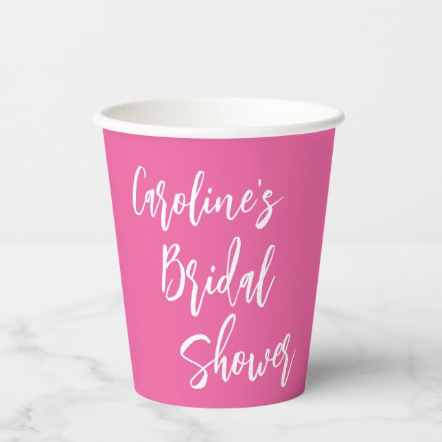 Modern Script Bridal Shower Custom Trendy Hot Pink Paper Cups (Front)
