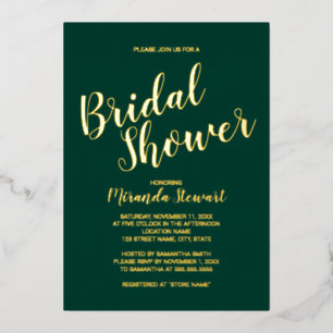 Modern Script Bridal Shower Emerald and Gold Foil Invitation