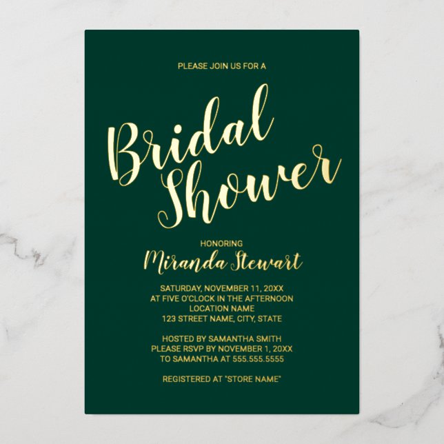 Modern Script Bridal Shower Emerald and Gold  Foil Invitation (Front)