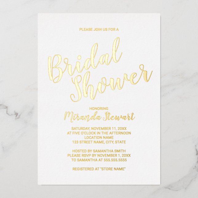 Modern Script Bridal Shower Gold Foil Invitation (Front)