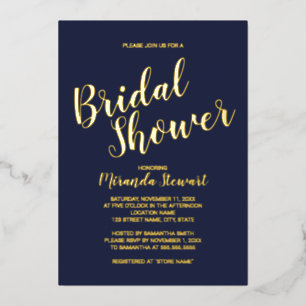 Modern Script Bridal Shower Navy and Gold Foil Invitation