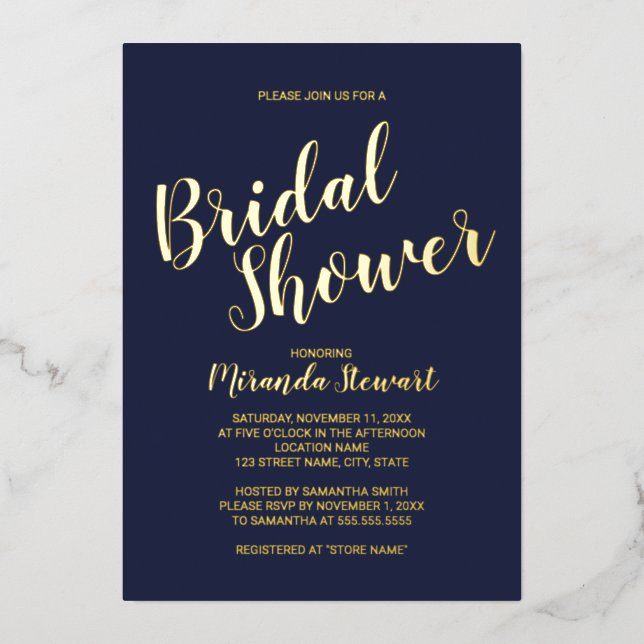Modern Script Bridal Shower Navy and  Gold  Foil Invitation (Front)
