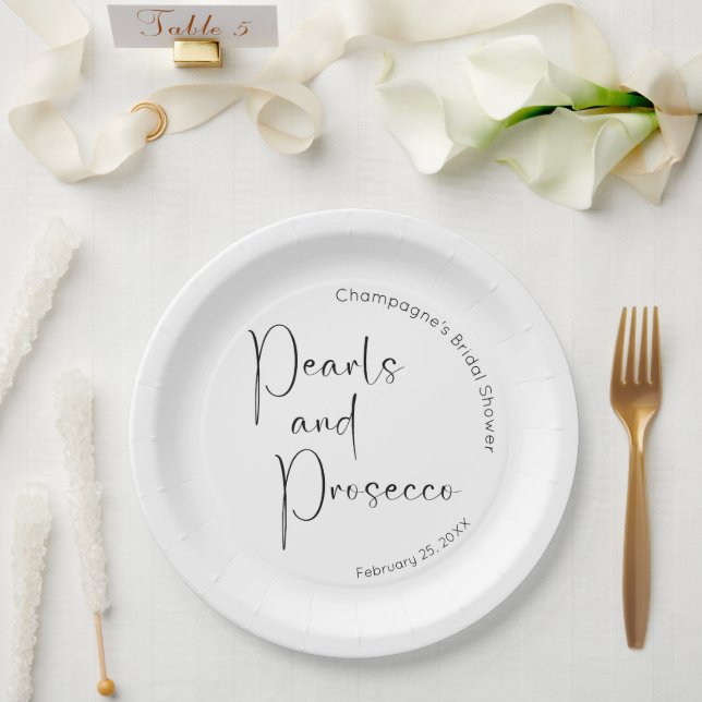 Modern Script Bridal Shower Pearls and Prosecco Paper Plates (Wedding)