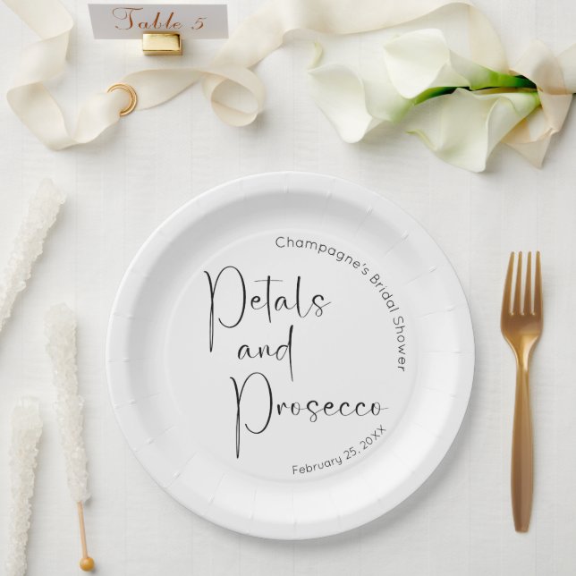 Modern Script Bridal Shower Petals and Prosecco Paper Plates (Wedding)