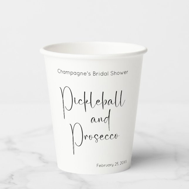 Modern Script Bridal Shower Pickleball & Prosecco Paper Cups (Front)