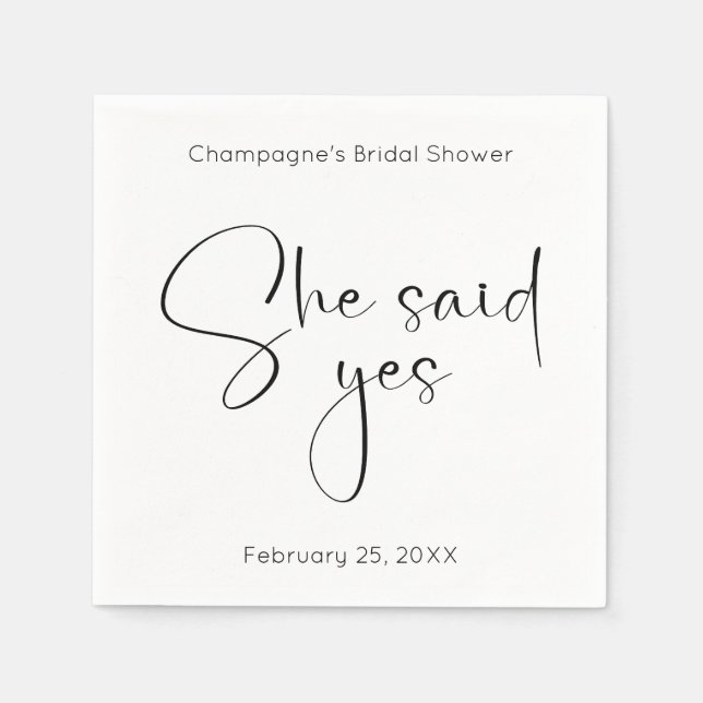 Modern Script Bridal Shower She Said Yes Napkins (Front)