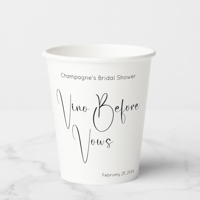 Modern Script Bridal Shower Vino Before Vows Paper Cups (Front)