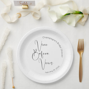 Modern Script Bridal Shower Vino Before Vows Paper Plates