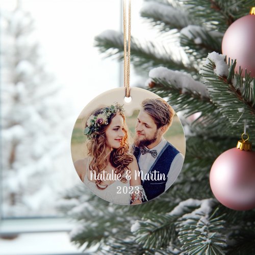 Modern Script Bride and Groom Wedding Photo Ornament