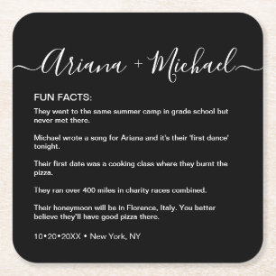 Modern script bride groom names Custom fun facts Square Paper Coaster