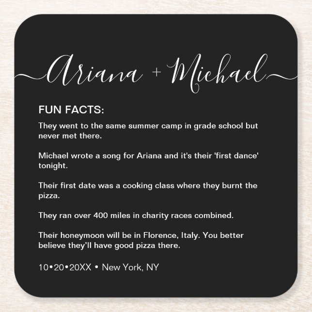 Modern script bride groom names Custom fun facts Square Paper Coaster (Front)