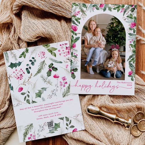 Modern Script Bright Pink Greenery Arch 1 Photo Holiday Card
