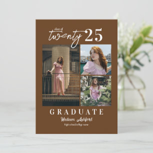 Modern Script Brown 3 Photo Collage Graduation Announcement