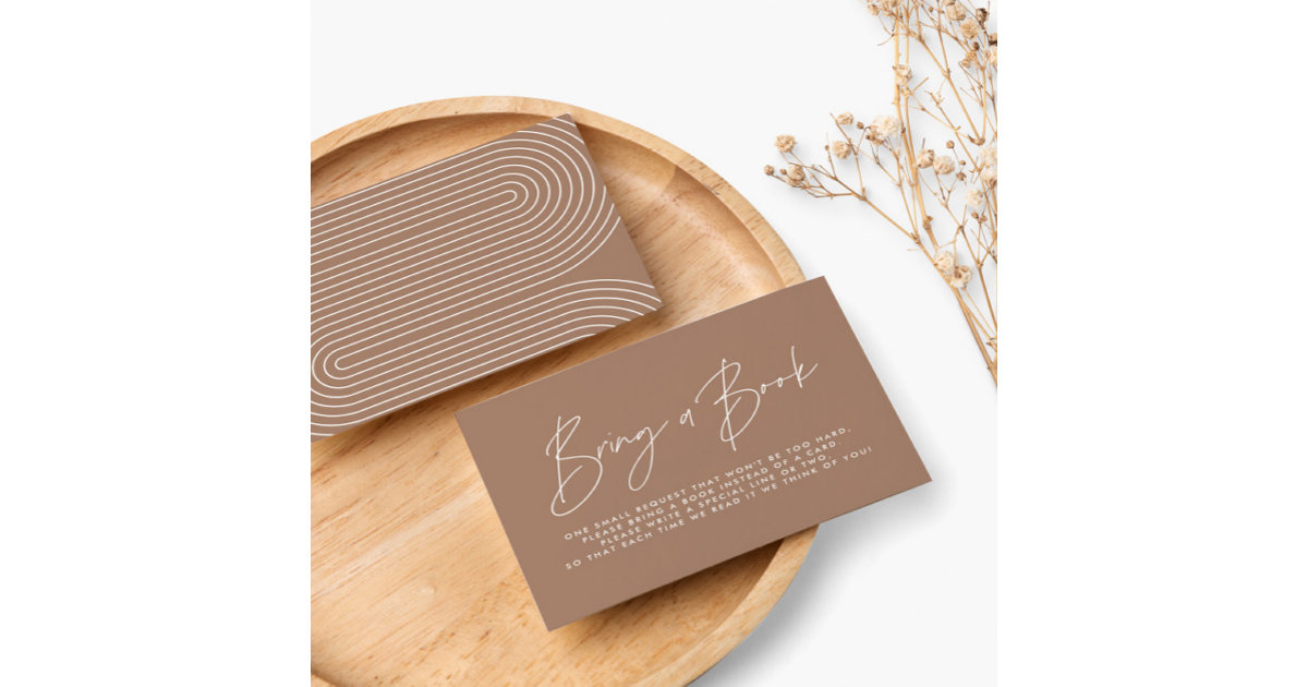 Modern script brown tan baby shower bring a book note card Zazzle