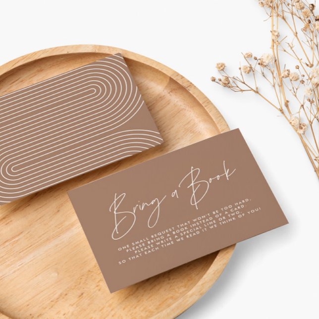 Modern script brown tan baby shower bring a book  note card (Creator Uploaded)