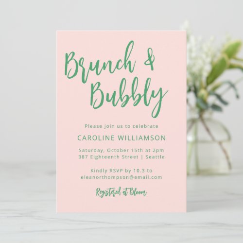 Modern Script Brunch Bubbly Shower Pink Green Invitation