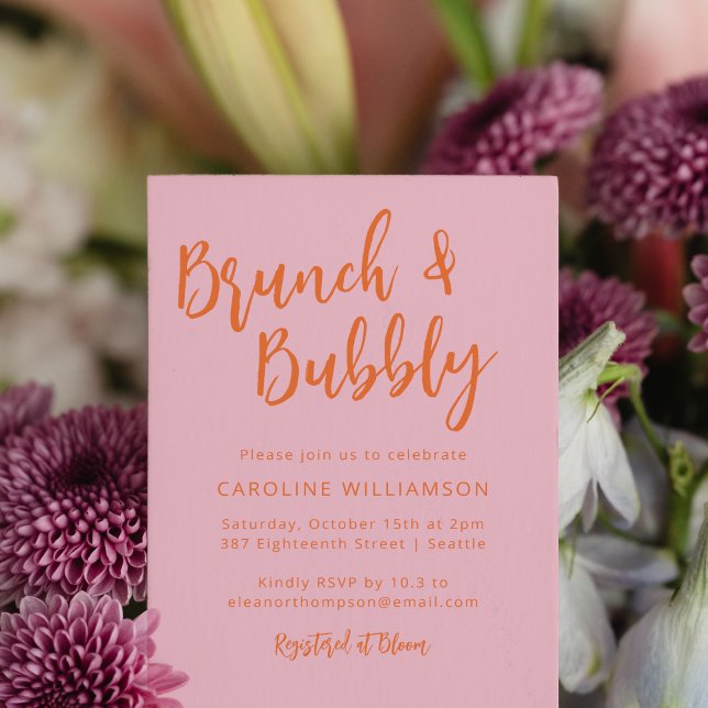 Modern Script Brunch Bubbly Shower Pink Orange Invitation (Creator Uploaded)