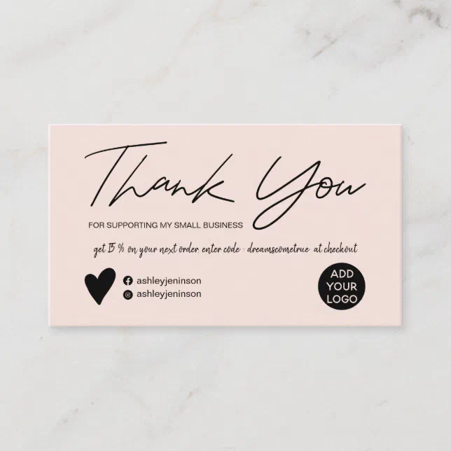 Modern script brush blush pink order thank you business card | Zazzle
