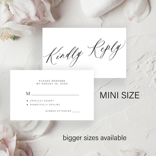 Modern script budget wedding kindly reply RSVP Note Card (Creator Uploaded)