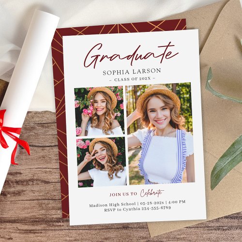 Modern Script Burgundy 3 Photo Collage Graduation Announcement