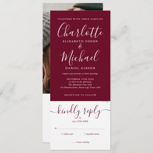 Modern Script Burgundy All In One Photo Wedding  Invitation