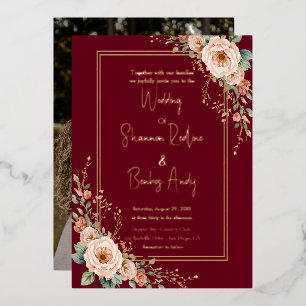 Modern Script Burgundy and blush floral wedding Foil Invitation