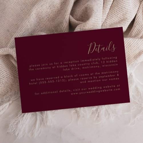 Modern Script Burgundy Gold Wedding Details Enclosure Card
