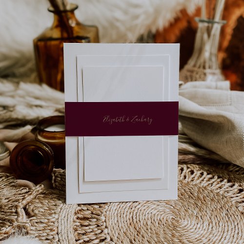 Modern Script Burgundy Gold Wedding Invitation Belly Band