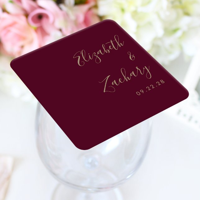 Modern Script Burgundy Gold Wedding Square Paper Coaster (Creator Uploaded)