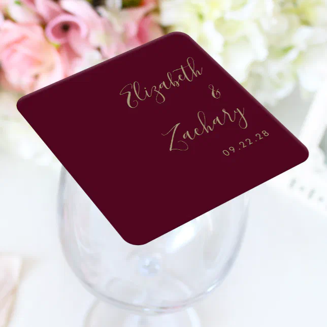 Modern Script Burgundy Gold Wedding Square Paper Coaster | Zazzle