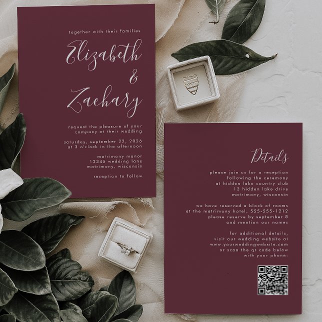 Modern Script Burgundy QR Code Wedding Invitation (Creator Uploaded)