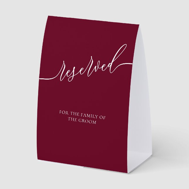 Modern Script Burgundy Reserved for groom family Paper Table Tent (Front)