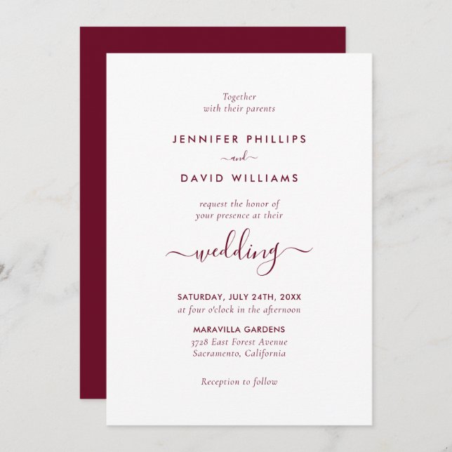 Modern Script Burgundy Wedding Invitation (Front/Back)