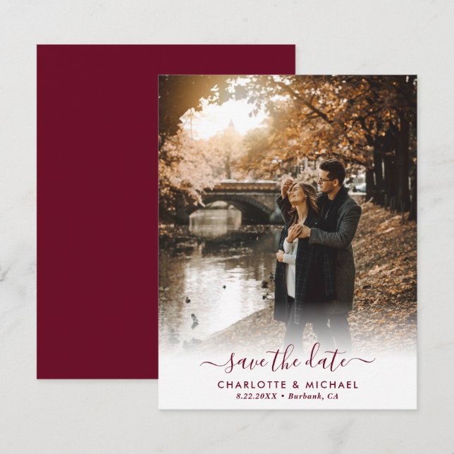 Modern Script Burgundy Wedding Photo Announcement (Front/Back)
