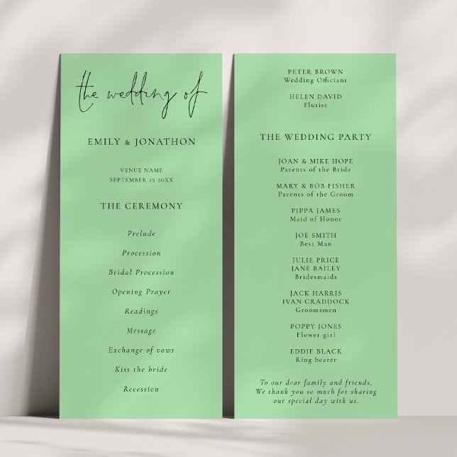 Modern Script Caledon Green Wedding Program (Front and back view)