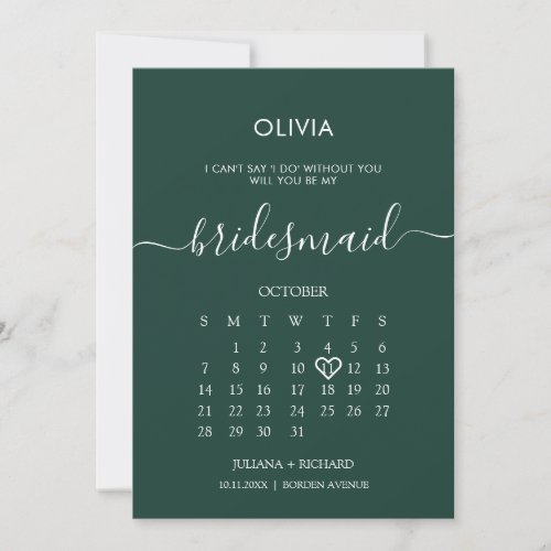 Modern Script Calendar Bridesmaid Emerald Proposal Invitation