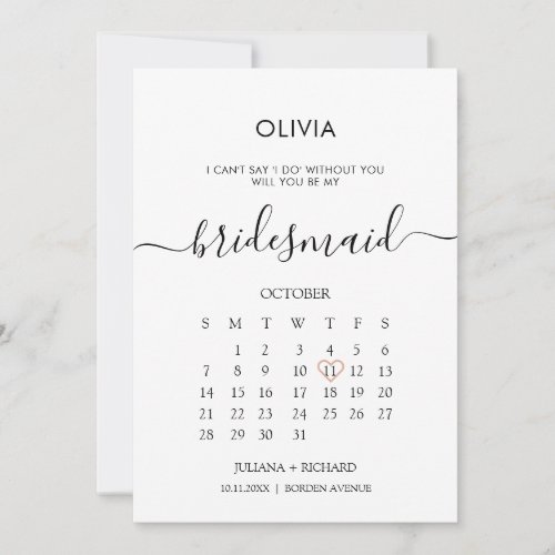 Modern Script Calendar Bridesmaid Proposal Invitation