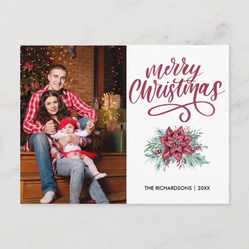 Modern Script Caligraphy Red Photo Merry Christmas Postcard