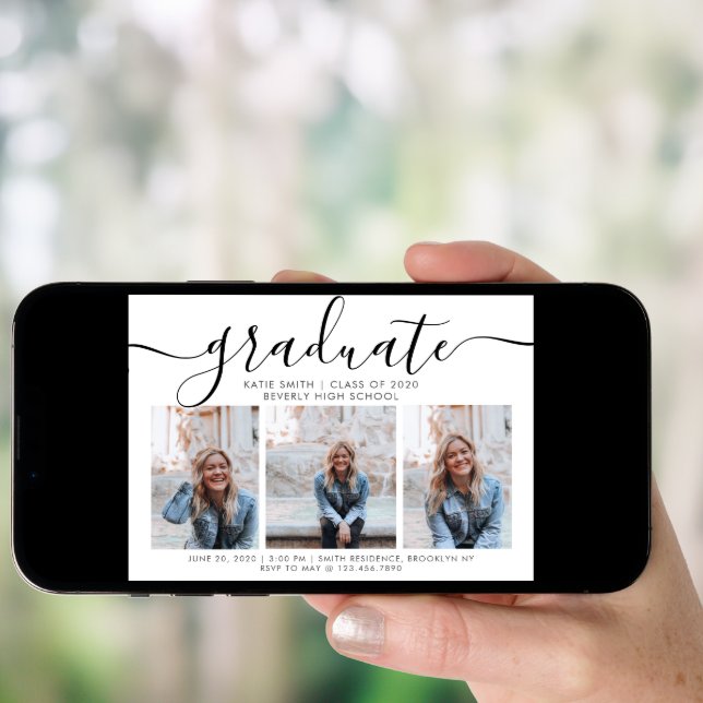 Modern Script Calligraphy 3 Photo Graduation Invitation (Front Digital)
