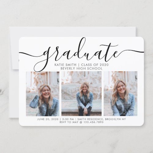 Modern Script Calligraphy 3 Photo Graduation Invitation