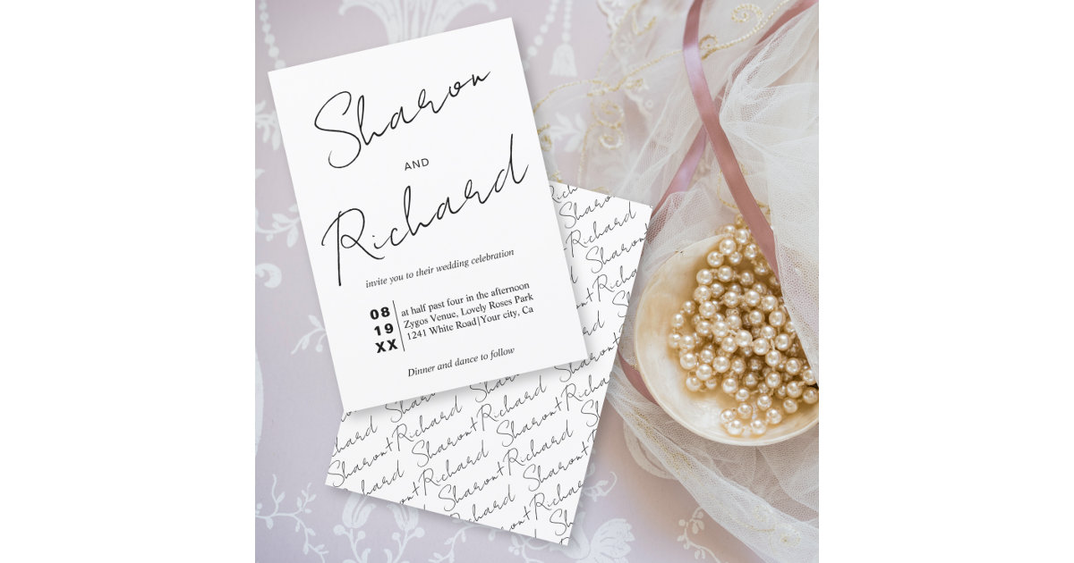 Modern script calligraphy black and white wedding invitation | Zazzle