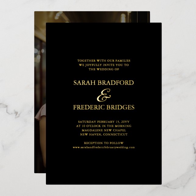 Modern Script Calligraphy Black Photo Wedding Foil Invitation (Front/Back)