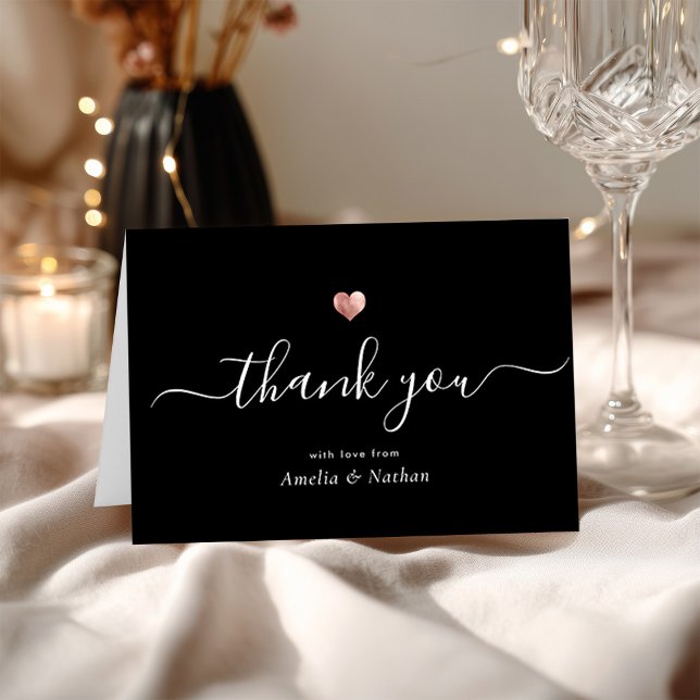 Modern Script Calligraphy Black Rose Gold Heart Thank You Card (Creator Uploaded)