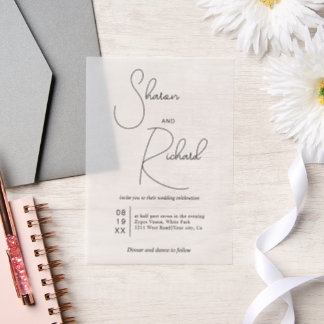 Modern script calligraphy black wedding vellum invitations